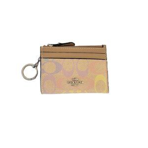 Coach CDF92 Mini ID Card Coin Case Rainbow Signature Wallet Sand Multi